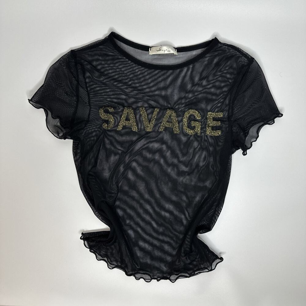 Vintage Y2k Black Gold SAVAGE Mesh Sheer Cropped Top Size Small Lettuce Hem Goth